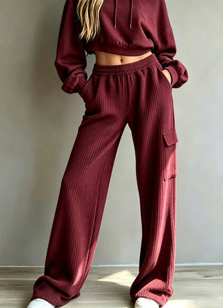 Pantalon large rouge vin à taille haute élastique, cordon, poches cargo sur les côtés