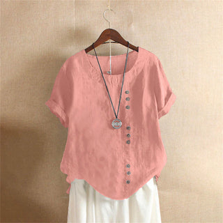 Blouse ample en lin rose poudré, col rond, boutonnage décoratif à l’avant et manches courtes