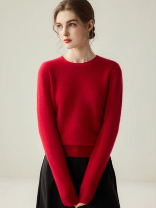 Pull femme en cachemire rouge à col rond, maille fine, manches longues