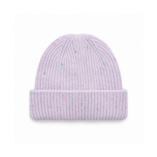 Bonnet lilas en tricot côtelé à revers, parsemé de petits points colorés