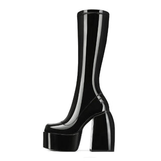 Botte haute noire à plateforme, talon épais carré et tige stretch avec liseré brillant