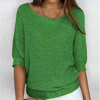 Pull femme ample en maille manches 3/4 chauve-souris, col rond, vert.