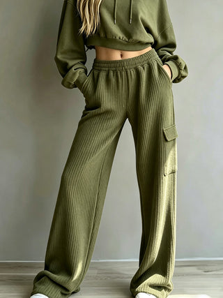 Pantalon large vert armée à taille haute élastique, cordon, poches cargo sur les côtés