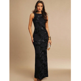 Robe longue moulante sans manches brodée de fleurs, fente, noire