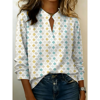 Blouse à col V fendu manches longues blanche à motifs géométriques pastels