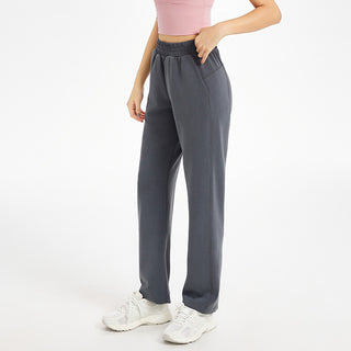 Pantalon de yoga femme gris foncé taille haute, coupe droite fluide, ceinture élastique