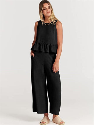 Ensemble blouse sans manches à volant et pantalon large noir, encolure ronde