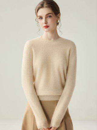 Pull femme en cachemire beige à col rond, maille fine, manches longues