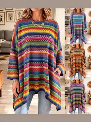 Poncho oversize femme en maille jacquard à rayures multicolores, ourlet asymétrique
