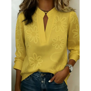 Blouse à col V fendu manches longues jaune, motifs floraux ton sur ton