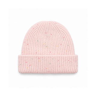 Bonnet rose pâle en tricot côtelé à revers, parsemé de petits points colorés