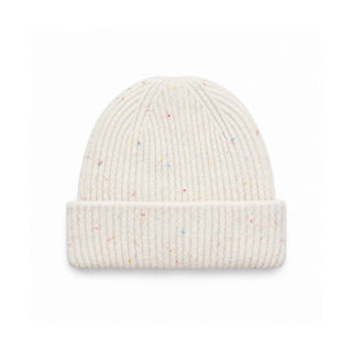 Bonnet blanc cassé en tricot côtelé à revers, parsemé de petits points colorés