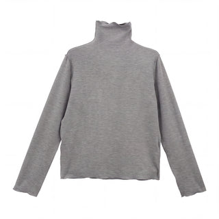 Sous-pull col roulé gris en laine mélangée, manches longues, maille fine.