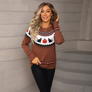 Pull femme en maille jacquard chats et citrouilles, col rond, motif multicolore