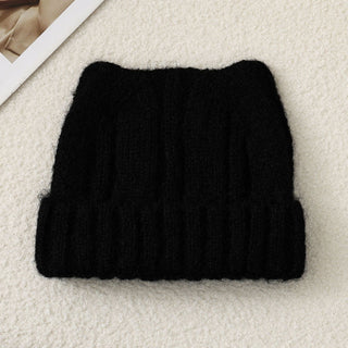 Bonnet oreilles de chat noir en maille côtelée, laine