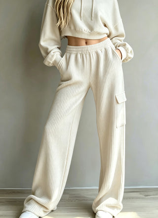 Pantalon large côtelé blanc cassé, taille haute élastique et cordon, poches latérales
