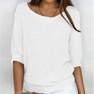 Pull femme ample en maille manches 3/4 chauve-souris, col rond, blanc.