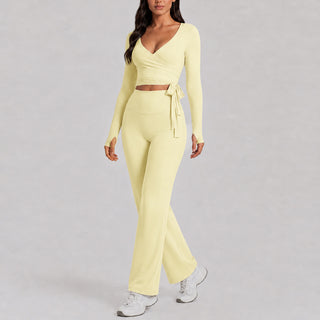 Ensemble yoga femme jaune clair : haut manches longues à encolure V et pantalon large noué