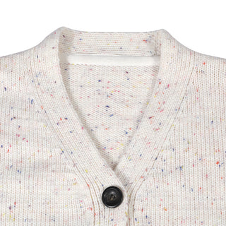 Cardigan femme en maille blanche chinée, col V et bouton noir, pois multicolores.
