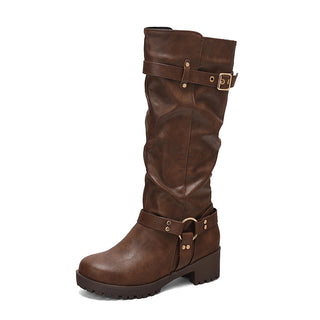 Botte haute marron foncé à semelle crantée et brides décoratives