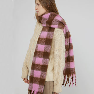 Écharpe à carreaux rose et prune, maille douce, franges