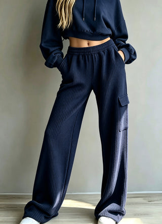 Pantalon large bleu marine à taille haute élastique, cordon, poches cargo latérales