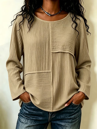 Haut manches longues ample à col rond beige, empiècements texturés en coton