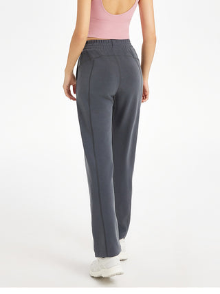 Pantalon de yoga femme taille haute gris foncé, coupe droite fluide, poches et ceinture élastique