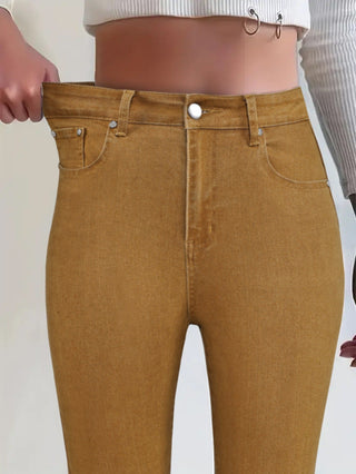 Jean skinny taille haute kaki, poches avant et coutures contrastées discrètes