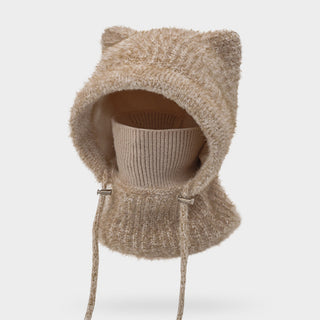 Cagoule en laine camel avec bonnet oreilles de chat et tour de cou intégré