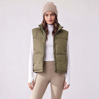 Gilet matelassé kaki sans manches, col montant zippé, style court