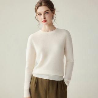 Pull femme en cachemire blanc cassé à col rond, manches longues, maille fine