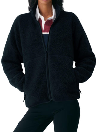 Veste polaire sherpa noire, col montant zippé, poches latérales, coupe droite