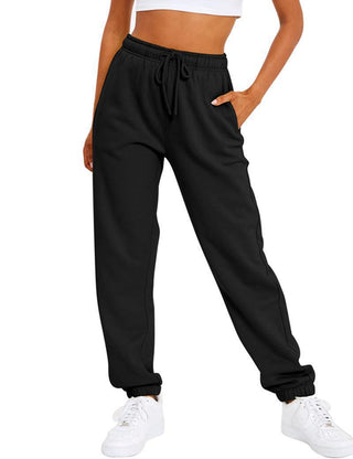 Pantalon de sport noir ample, taille élastique à cordon, chevilles resserrées