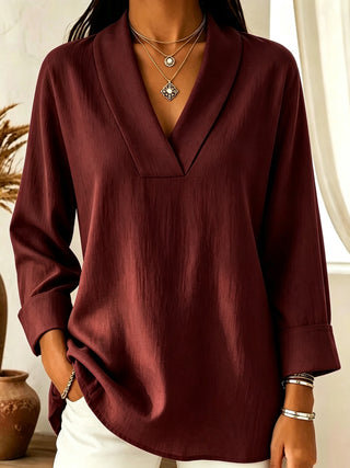 Blouse ample en lin bordeaux, col V, manches longues, poignets retournés