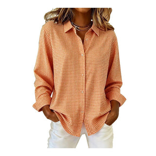 Chemise ample orange à carreaux, patte boutonnée et poignets retournés