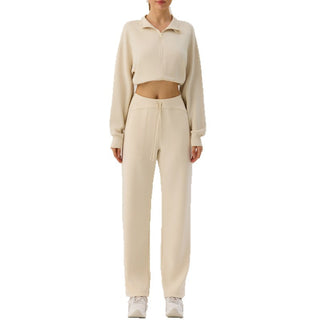 Veste zippée courte crème pour femme, col montant et manches ballon, fermeture éclair