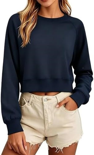 Sweatshirt court bleu marine à col rond, manches longues, coupe ample