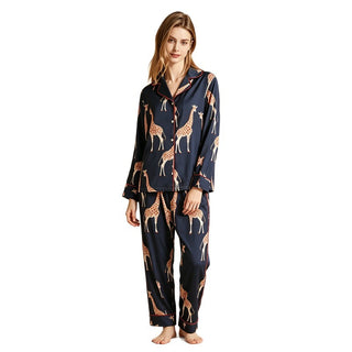 Ensemble de pyjama satin bleu nuit à motif animaux, chemise à revers boutonnée et pantalon long