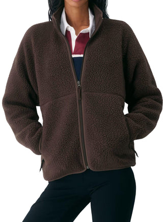 Veste polaire sherpa marron, zip central, col montant, poches latérales