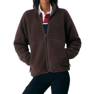 Veste polaire sherpa marron, zip et col montant, poches latérales, coupe droite