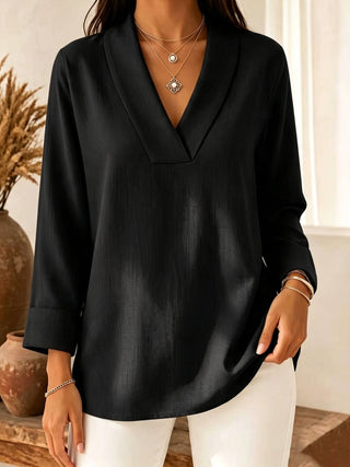 Blouse ample en lin noire, col V, manches longues, poignets retournés