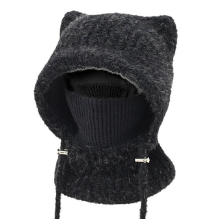 Cagoule en laine noire à capuche oreilles de chat et tour de cou intégré