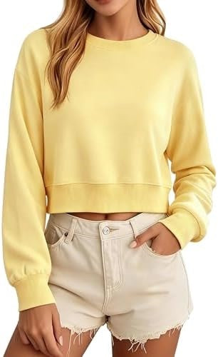 Sweatshirt court jaune à col rond, manches longues, coupe ample