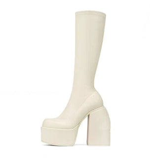 Botte haute blanc cassé à plateforme et talon carré épais, tige stretch lisse