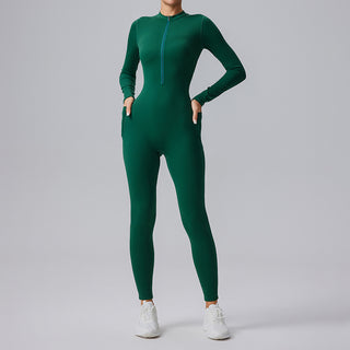 Combinaison de sport vert foncé moulante à manches longues et poches latérales