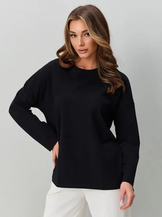T-shirt noir oversize à col rond et manches longues