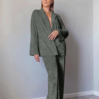 Ensemble pyjama en velours vert foncé pour femme : chemise à revers et pantalon large