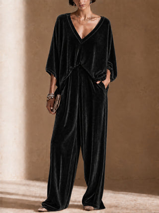 Ensemble en velours noir : haut ample à col V et pantalon large