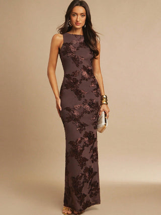Robe longue moulante sans manches brodée de fleurs, fente, bordeaux foncé